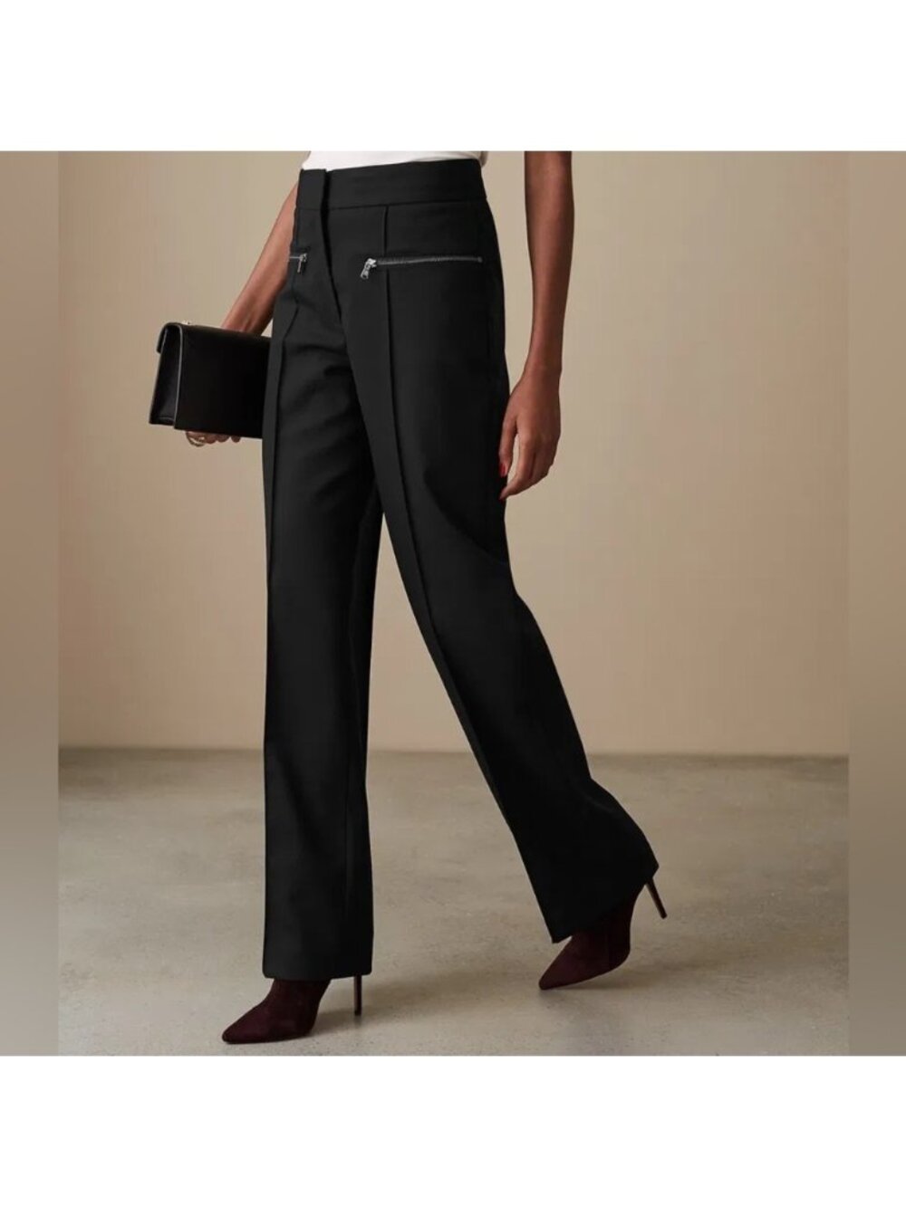 REISS Miller wool blend Wide Leg Trousers black 4 euc zipper details